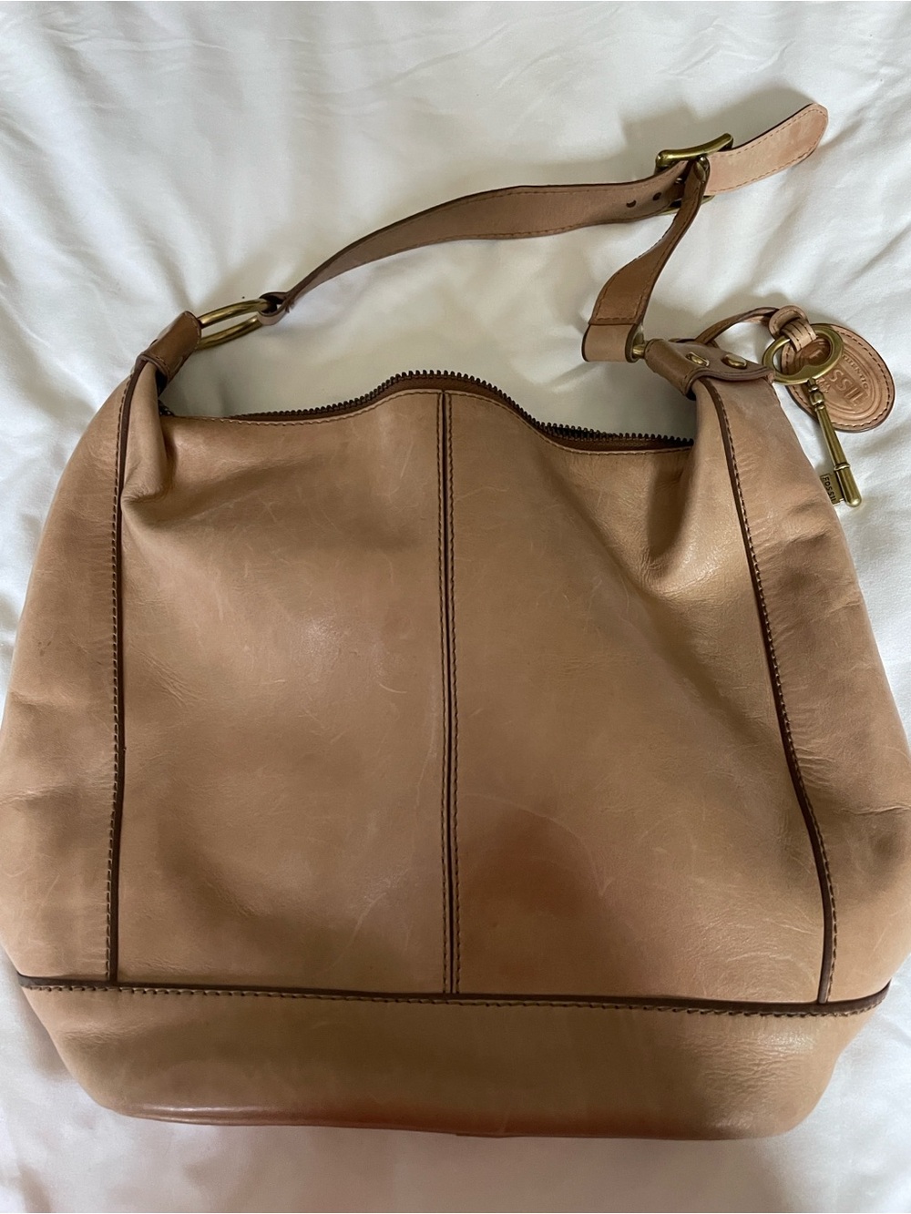 Fossil Tan Leather Shoulder Hobo with Key Charm